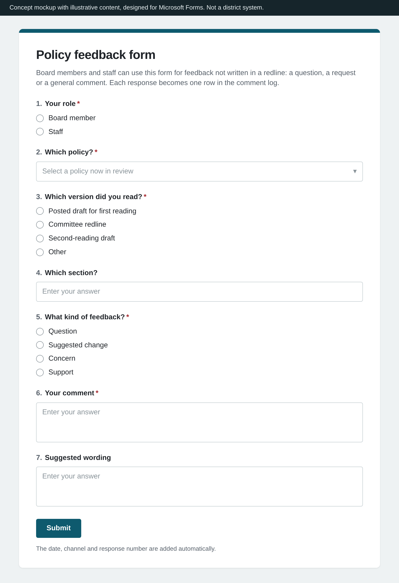 Concept mockup of the board and staff feedback form with seven questions