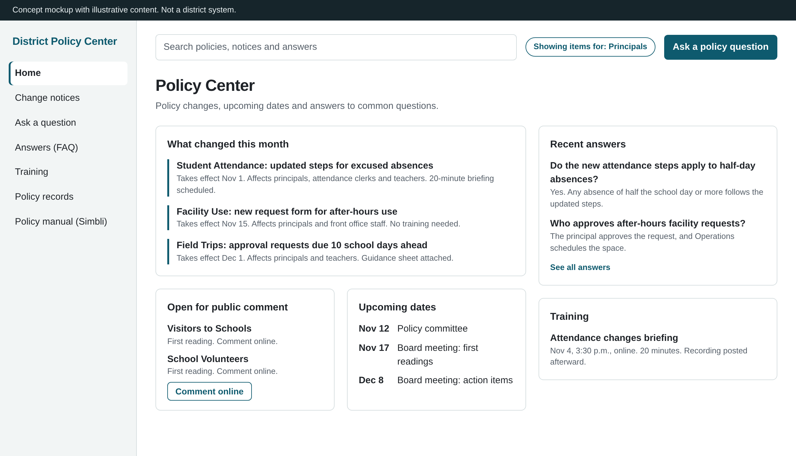 Concept mockup of a Policy Center home page showing recent changes, items open for comment, upcoming dates and a policy question panel