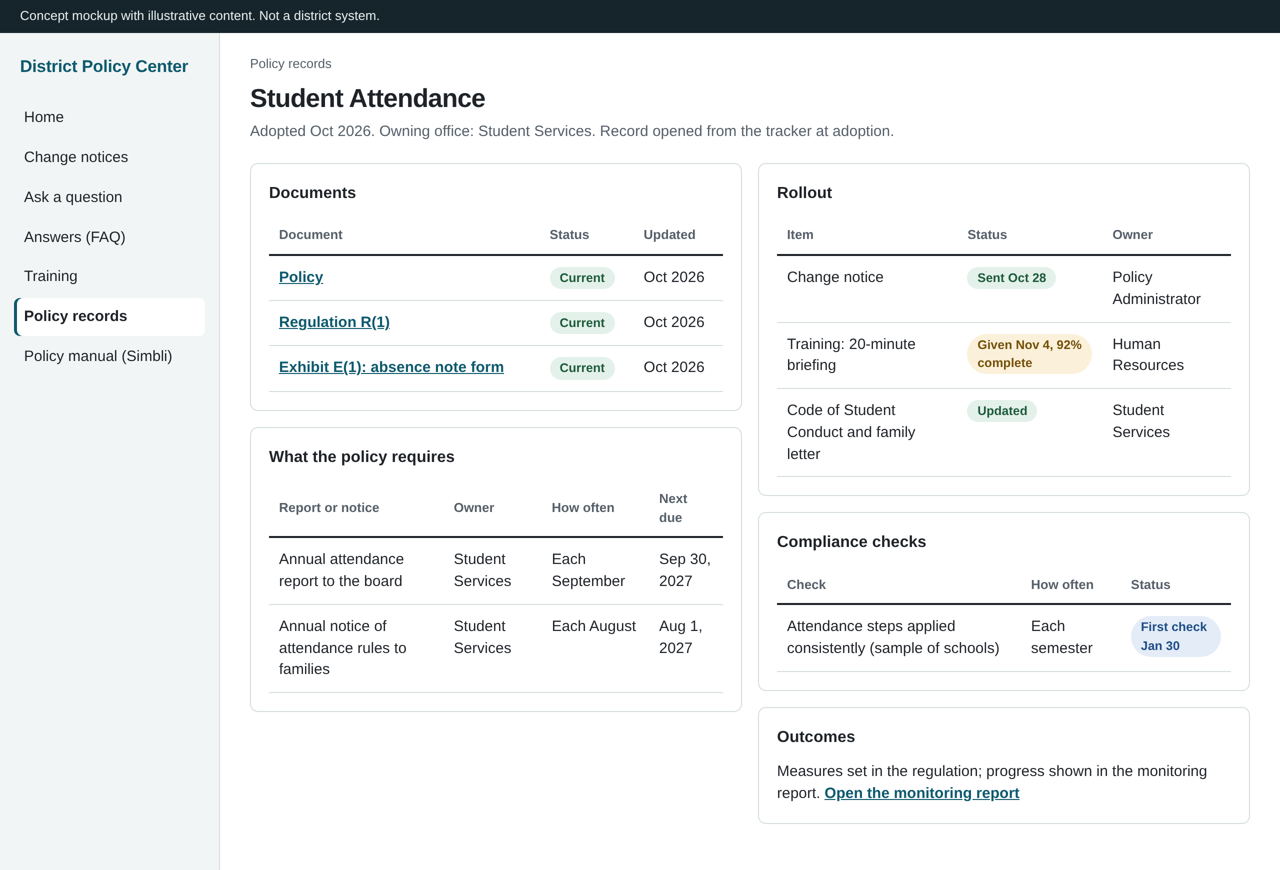 Concept mockup of one policy record with linked documents, required reports, rollout and compliance